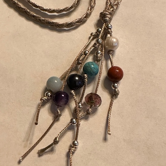 ARTISAN Gemstones and Pearls Braided Tan Cord Tassel Necklace 23 1/2” long - Picture 5 of 14